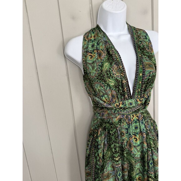 Earthbound Trading Co. Maxi Dress L Large Halter Cross Back Green Gold Floral - Picture 4 of 7